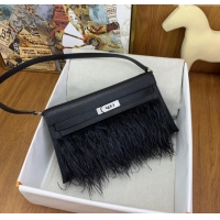 Well Crafted Hermes Kelly Elan Bag in Chèvre Chamkila Leather and Ostrich Feather H1506 Black/Silver 2024(Full Handmade)