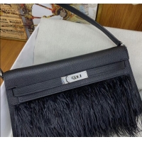 Well Crafted Hermes Kelly Elan Bag in Chèvre Chamkila Leather and Ostrich Feather H1506 Black/Silver 2024(Full Handmade)