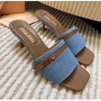 Top Grade Miu Miu Blue Denim Heel Slides Sandal 4.5cm with Strap Brown 611064