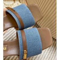 Top Grade Miu Miu Blue Denim Heel Slides Sandal 4.5cm with Strap Brown 611064