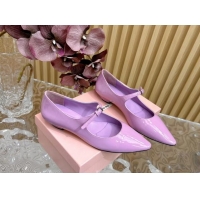 Luxury Cheap Miu Miu Patent Leather Pointed Ballerinas Flat with Buckle Purple 719094