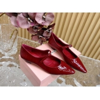 Luxury Miu Miu Patent Leather Pointed Ballerinas Flat with Buckle Dark Red 719095