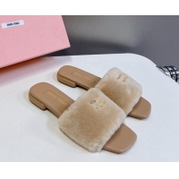 Good Looking Miu Miu Wool Flat Slides Sandal Beige 719110