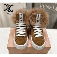 Best Grade Miu Miu Suede Sneaker Ankle Boots with Fur Lining Brown 813058