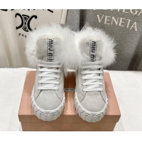 Shop Cheap Miu Miu Suede Sneaker Ankle Boots with Fur Lining Light Grey 813060