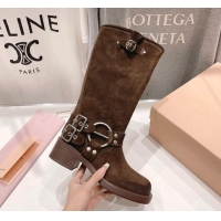 Pretty Style Miu Miu Suede High Boots 5cm with Strap Buckle Dark Brown 904039