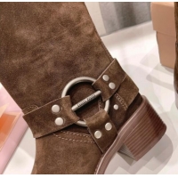 Pretty Style Miu Miu Suede High Boots 5cm with Strap Buckle Dark Brown 904039