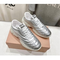 Charming Miu Miu Quilted Leather Sneakers Silver 813071