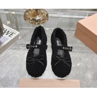 Top Grade Miu Miu Wool Ballerinas Flat with Bow and Buckle Strap Black 813072