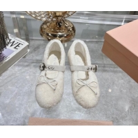 Popular Style Miu Miu Wool Ballerinas Flat with Bow and Buckle Strap White 813073