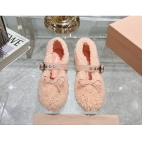 Shop Duplicate Miu Miu Wool Ballerinas Flat with Bow and Buckle Strap Light Pink 813076