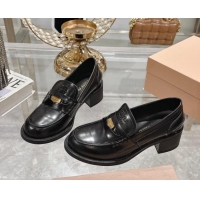 Perfect Miu Miu Brushed Leather Loafer Pumps 5cm with Coin Black 813077