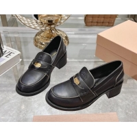 Best Grade Miu Miu Bleached Leather Loafer Pumps 5cm with Coin Black 813079