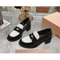 Luxurious Miu Miu Brushed Leather Loafer Pumps 5cm with Coin Black/White 813082