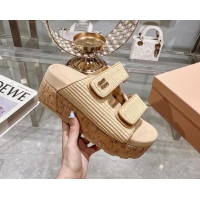 Stylish Miu Miu Raffia-effect woven fabric wedge slides sandal 7cm Beige 813099