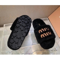 Pretty Style Miu Miu Wool Flat Slide Sandal Black 813103