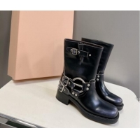 Sophisticated Miu Miu Leather Medium Boots with Strap Buckle Black 904041