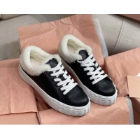 Buy Luxury Miu Miu Low Sneakers in Black Nappa Leather and Wool Fur 1014017