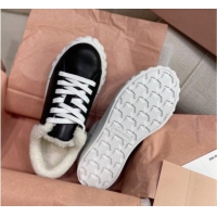 Buy Luxury Miu Miu Low Sneakers in Black Nappa Leather and Wool Fur 1014017