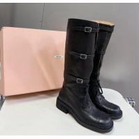 Stylish Miu Miu Leather laced up High Boots 3.5cm with Buckle Strap Black 904059