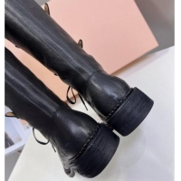 Stylish Miu Miu Leather laced up High Boots 3.5cm with Buckle Strap Black 904059