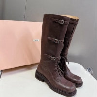 Unique Style Miu Miu Leather laced up High Boots 3.5cm with Buckle Strap Dark Brown 904060