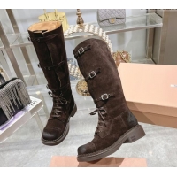 Best Product Miu Miu Suede laced up High Boots 3.5cm with Buckle Strap Dark Brown 012039