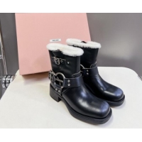 Hot Style Miu Miu Vintage-look Ankle Boots 5cm with Strap Buckle in Faded Leather and Wool Black 012048