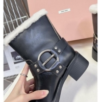 Hot Style Miu Miu Vintage-look Ankle Boots 5cm with Strap Buckle in Faded Leather and Wool Black 012048