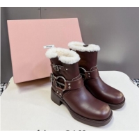 Sumptuous Miu Miu Vintage-look Ankle Boots 5cm with Strap Buckle in Faded Leather and Wool Brown 012049