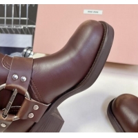 Sumptuous Miu Miu Vintage-look Ankle Boots 5cm with Strap Buckle in Faded Leather and Wool Brown 012049