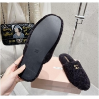 Buy Luxury Miu Miu Shearling Fur Flat Mules Black 012071