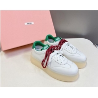 Low Price Miu Miu Leather Platform Sneakers with Color Laces White/Green 1014012