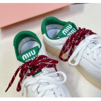 Low Price Miu Miu Leather Platform Sneakers with Color Laces White/Green 1014012