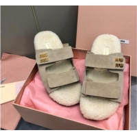 Purchase Miu Miu Suede and Wool Fur Flat Slides Sandal Beige 014018