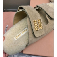 Purchase Miu Miu Suede and Wool Fur Flat Slides Sandal Beige 014018