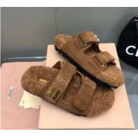 Top Grade Miu Miu Suede and Wool Fur Flat Slides Sandal Brown 1014019