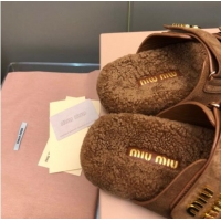 Top Grade Miu Miu Suede and Wool Fur Flat Slides Sandal Brown 1014019