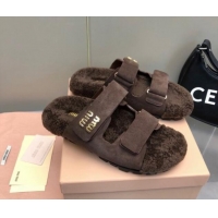 Grade Quality Miu Miu Suede and Wool Fur Flat Slides Sandal Dark Brown 1014020