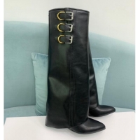 Luxury Cheap Givenchy Shark Lock Buckles Wedge High Boots 8.5cm in Leather Black 009093