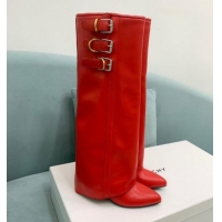 Charming Givenchy Shark Lock Buckles Wedge High Boots 8.5cm in Leather Red 009095