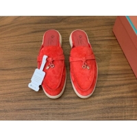 Grade Quality Loro Piana Suede Flat Mules Watermelon Red 812058