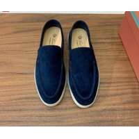 Low Cost Loro Piana Suede Flat Loafers Deep Blue 812067