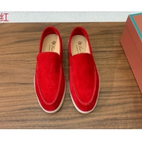 Grade Quality Loro Piana Suede Flat Loafers Bright Red 812086