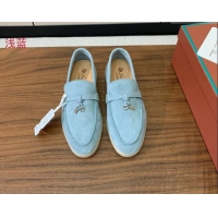 Luxury Loro Piana Suede Flat Loafers with Charm Light Blue 0812101