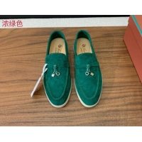 Top Design Loro Piana Suede Flat Loafers with Charm Deep Green 812106