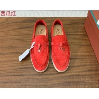 Shop Duplicate Loro Piana Suede Flat Loafers with Charm Watermelon Red 812107