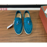 Top Grade Loro Piana Suede Flat Loafers with Charm Stone Blue 812108