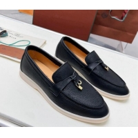 Low Price Loro Piana Grained Leather Loafers Black 904084