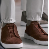 High Quality Zegna Melange Suede Triple Stitch Sneakers Feature A White Rubber Sole ZE4589 ​TAN